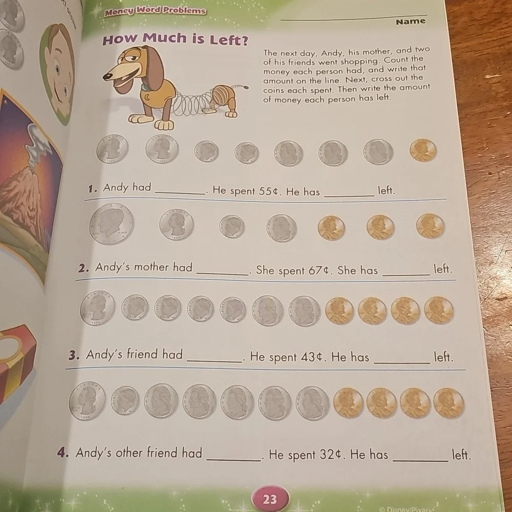 Disney Learning Time & Money Activity Book. Nwots, never used
